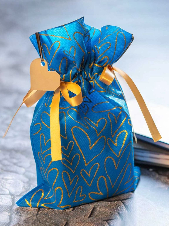 WOREK PREZENTOWY Niebieski w złote serca