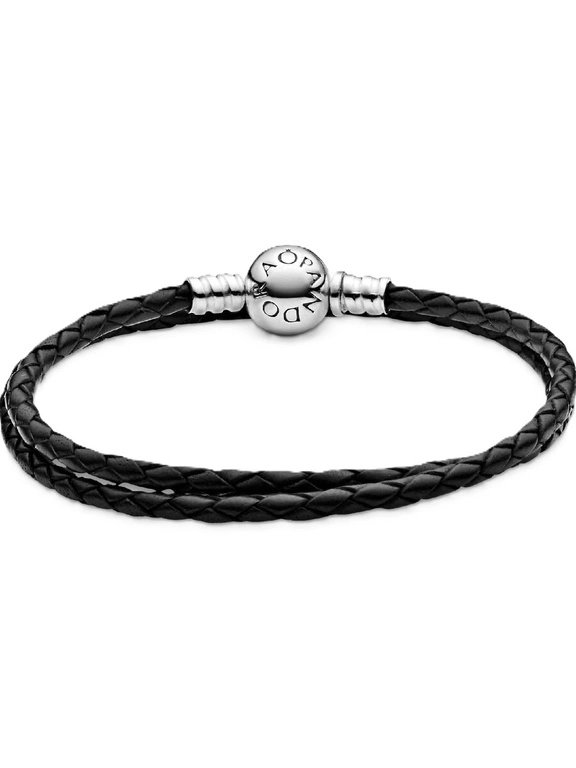 Bransoletka damska Pandora 590745CBK-D1 podwójna pleciona bransoletka z czarnej skóry