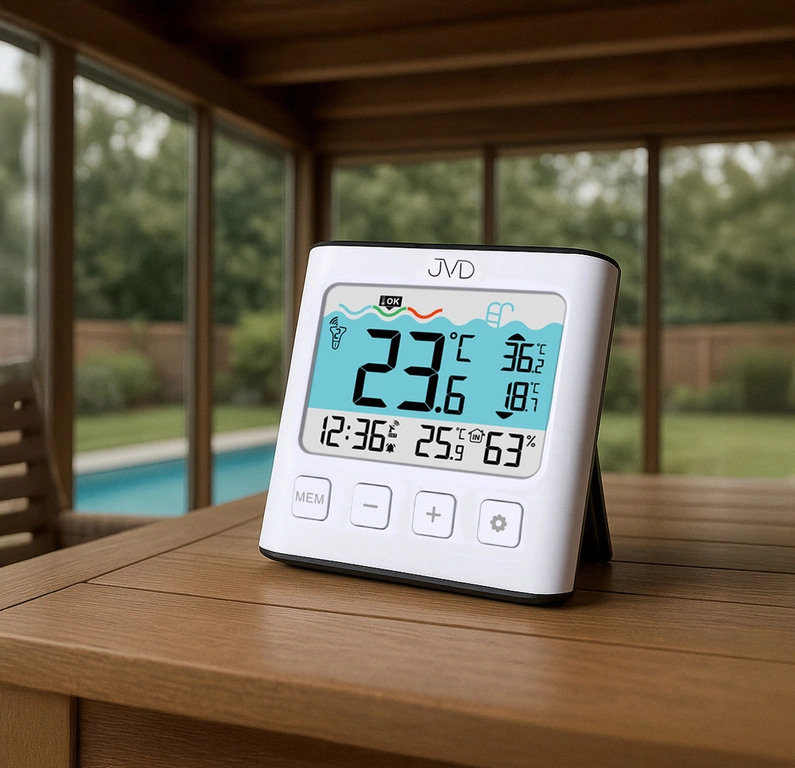 Termometr basenowy JVD T777 Higrometr Sonda Alarm Zegar