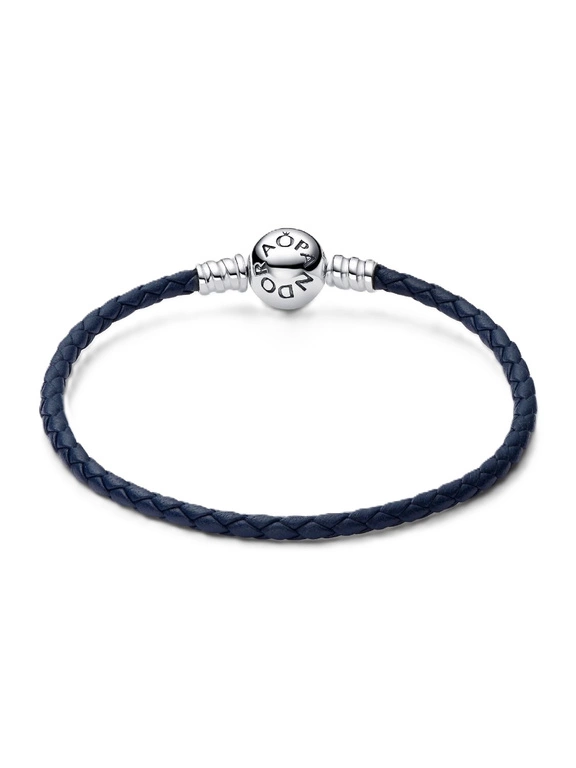 Bransoletka damska Pandora 592790C01-S2 pleciona bransoletka z granatowej skóry