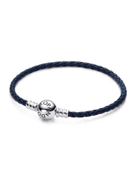 Bransoletka damska Pandora 592790C01-S1 pleciona bransoletka z granatowej skóry